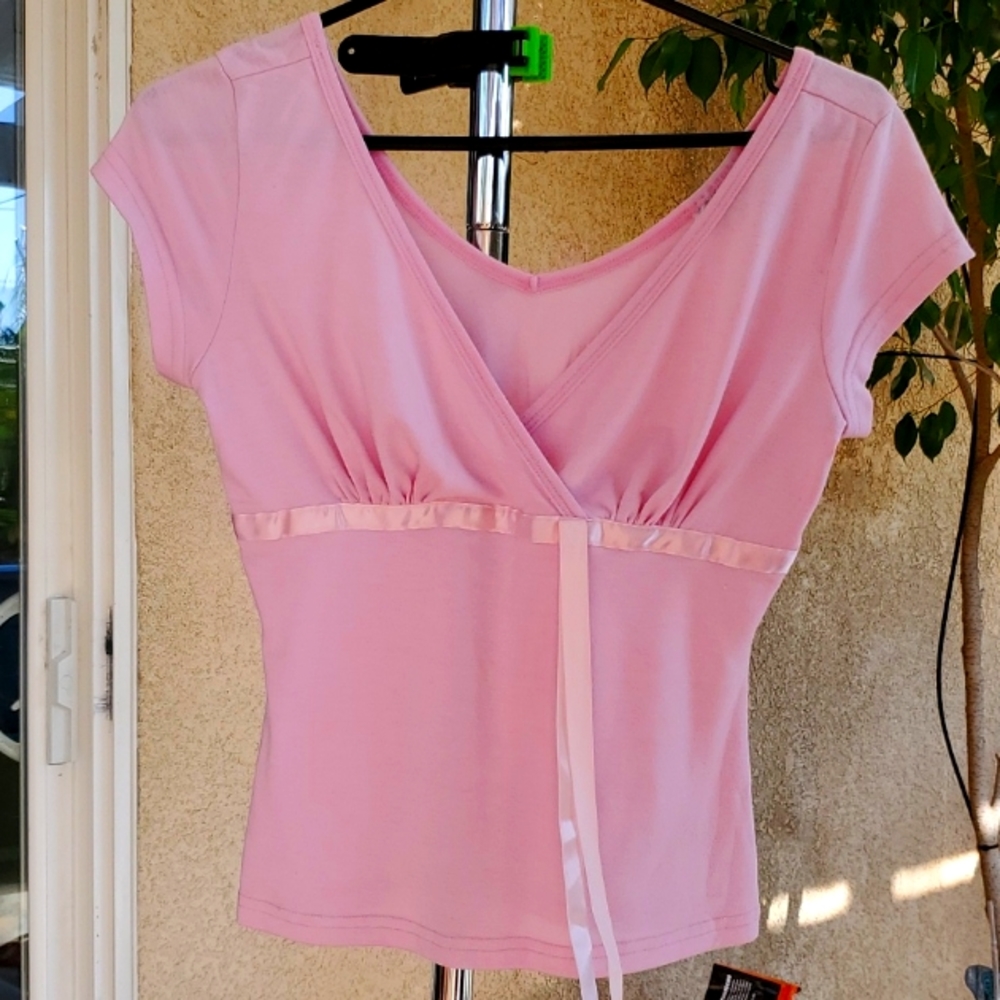 LOS ANGELES EXPRESS PINK V NECK CROSS WRAP WOMENS TOP SIZE L